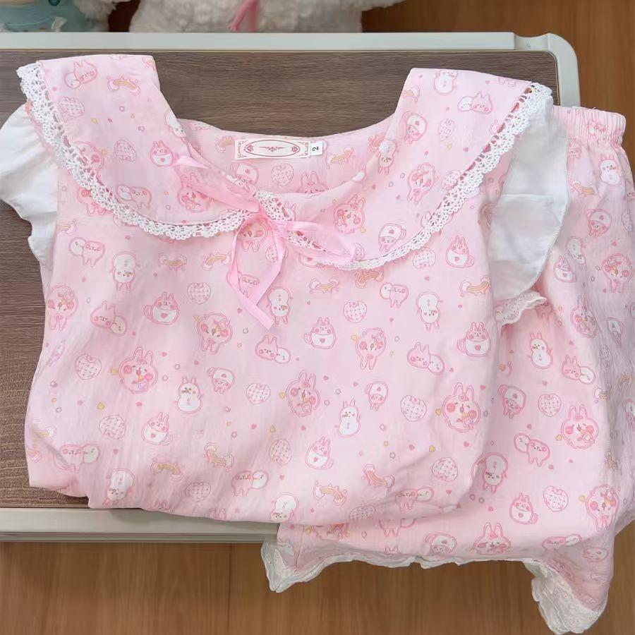 

Full of pink bunny pajamas women s summer doll collar short-sleeved shorts two-piece set girl princess style loungewear S