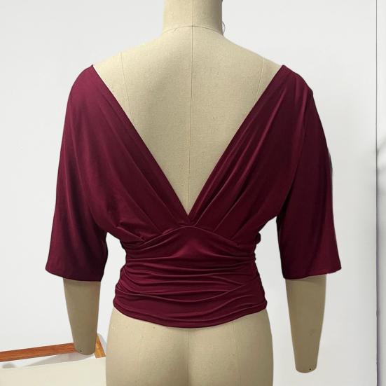 Women Tops Puff Sleeves V Neck Slim Fit Pleated Waist Pullover Tops Pure Color Summer Short Tops Daily Wear