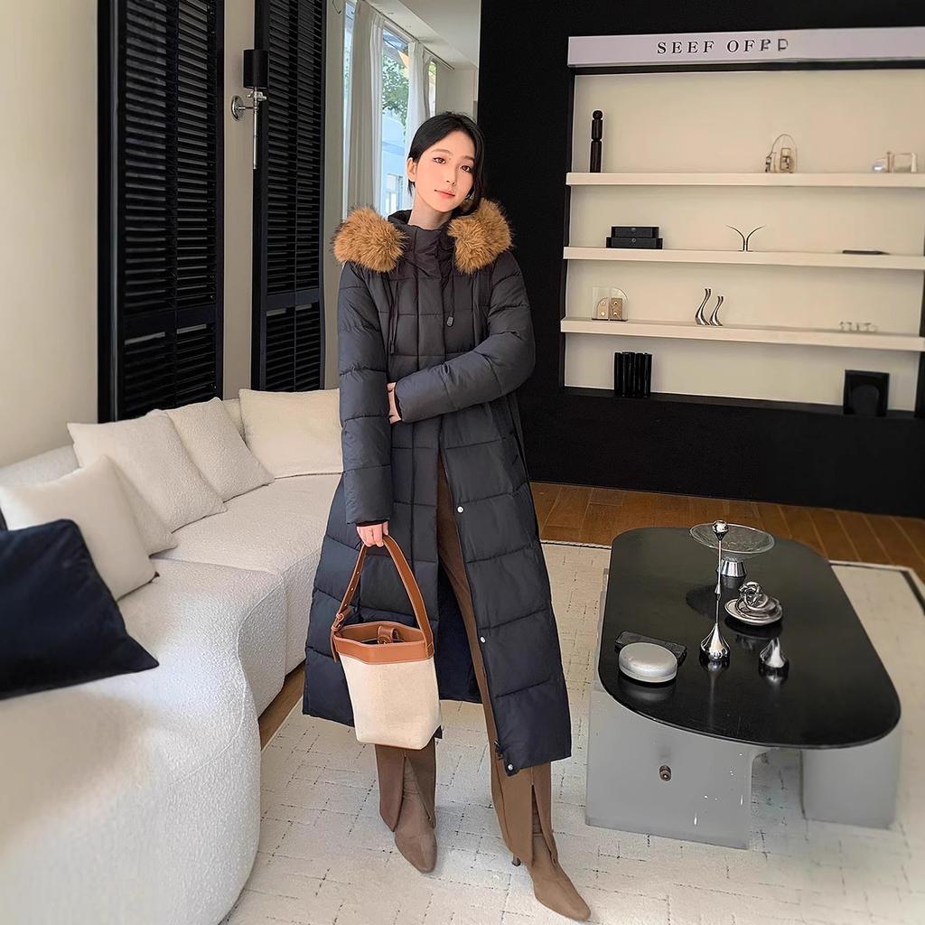 Dongdaemun autumn and winter new big fur collar medium and long knee slim down cotton clothes women's coat