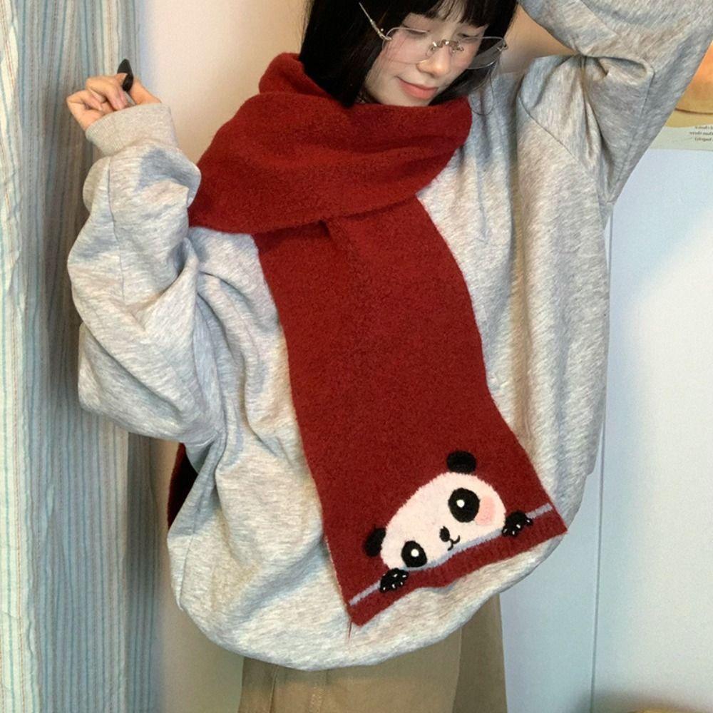 Colorful Cashmere Knitted Scarf Sweet Winter Neck Warmer Panda Cartoon Embroidery Scarf  Daily