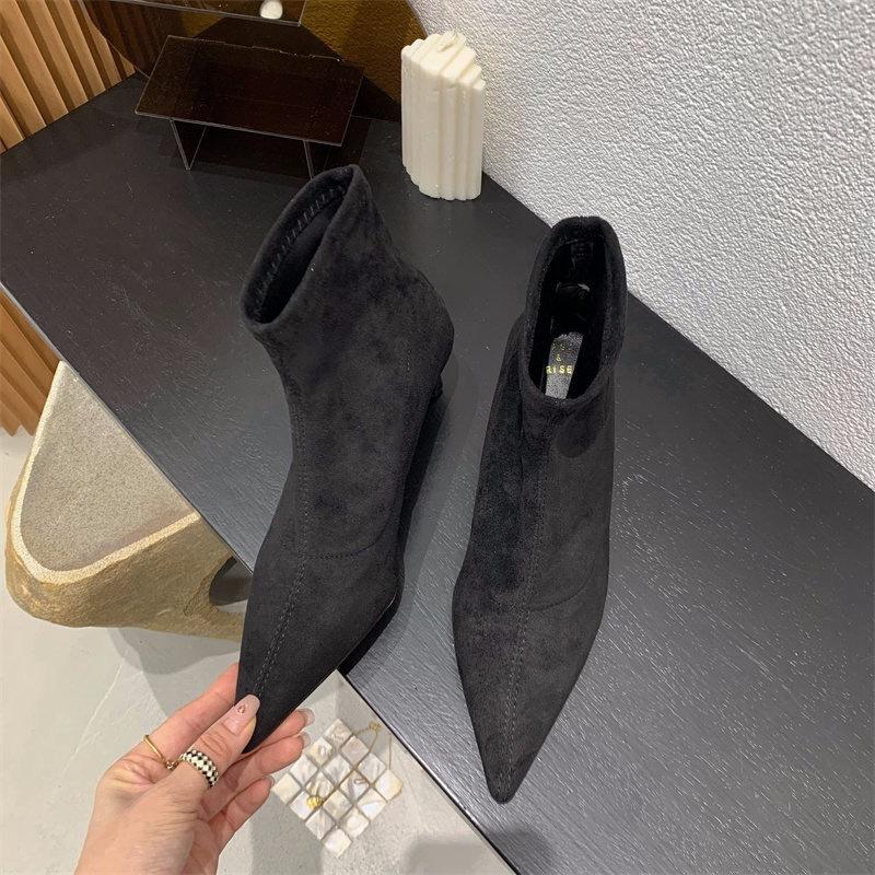 French pointed short boots women's 2025 summer and autumn new stiletto suede thin bare boots Internet celebrity elastic socks Martin boots