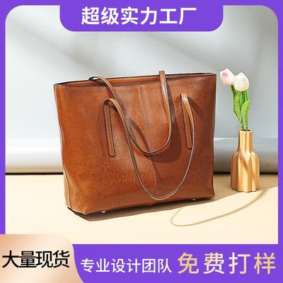 Bags Portable Leather Shoulder Bag Women's Cowhide Niche Large Capacity Women's Commuter Premium Sense Tote Bag