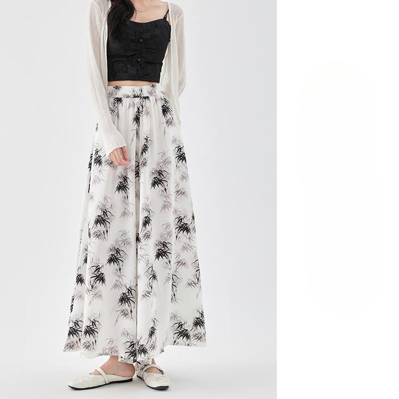 New Chinese Ice Silk Ink Painting Pants for Women's Summer New Pleated Half-body Casual and Versatile High Waist Drooping Wide-leg Skirt Pants