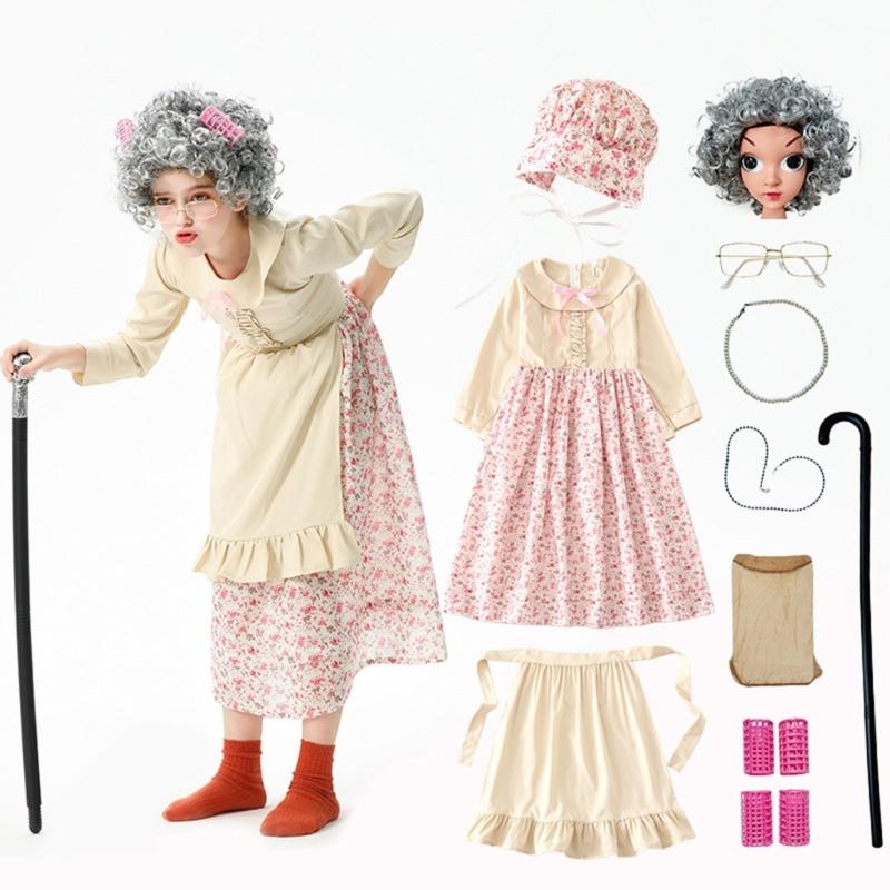 10pcs Kids Old Lady Costume Set 100th Day of School Costume for Halloween Cosplay Props for Girls