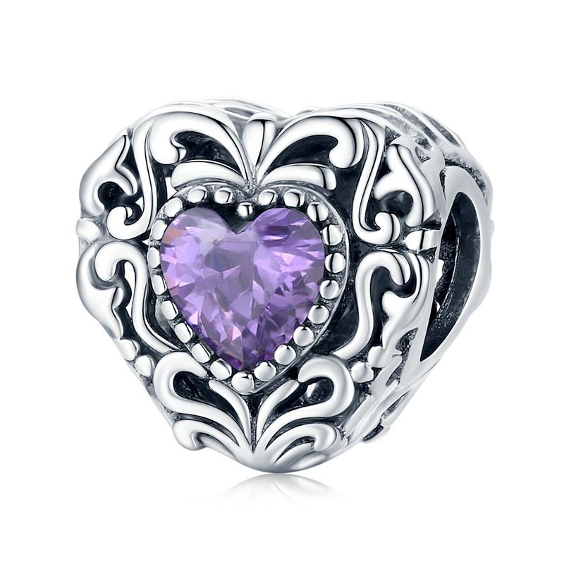 WOSTU 925 Sterling Silver Purple Crystal Lotus Charms Pearl Drop Pendant Retro Hollow Heart Bead Fit Original Bracelet Necklace