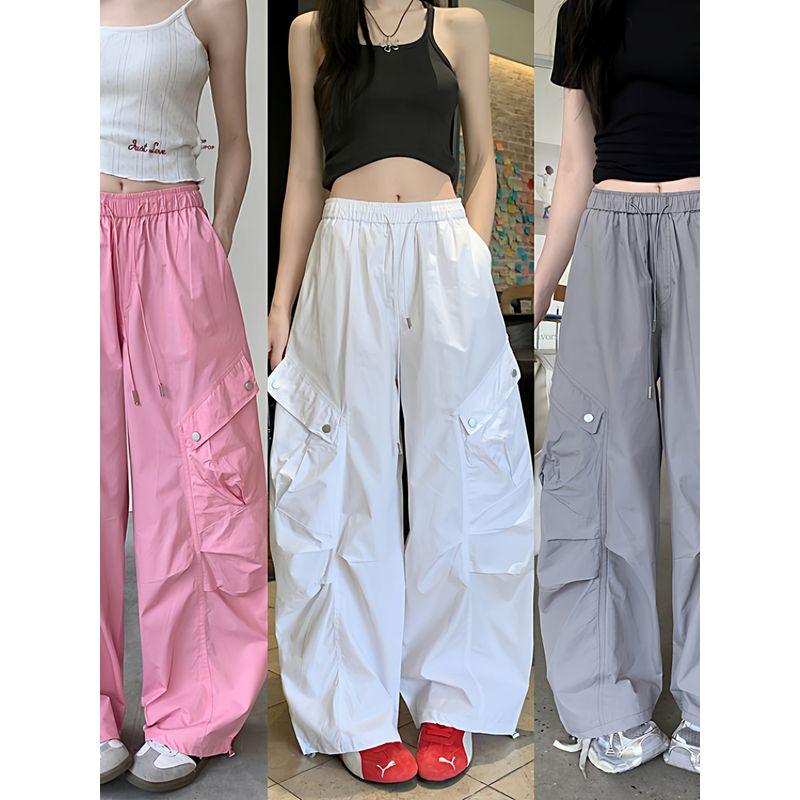 Kumikumi American Retro Pure Color Drawstring Draped Casual Pants Cargo Pants Female Autumn Slimming All-Match Wide Leg Pants