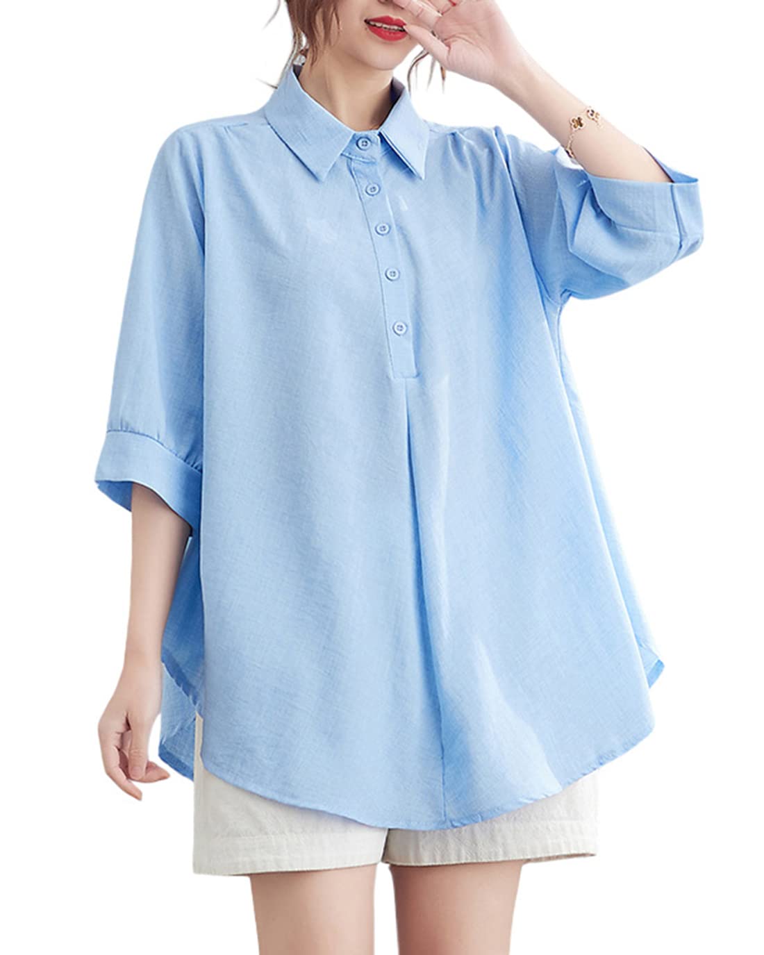 

JHIJSC Short Sleeve Office Loose Solid Plus Size Women s Shirt, Summer, Wear, Fit, Thin, Color, 3/4 Sleeves, Linen, Stylish, (XL, Blue) синий
