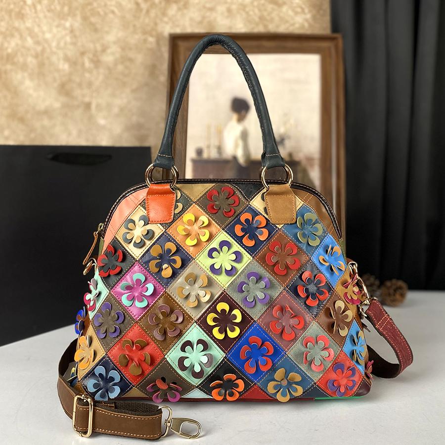 New Genuine Leather Cowhide Bag, Fashionable Floral Women'S Bag, Color-Blocking Hand-Held Crossbody Bag