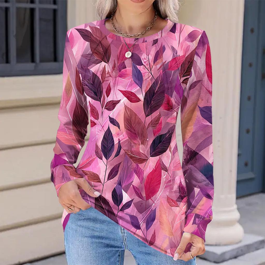 Women's Fashionable Casual Floral Retro Print Pleated Comfortable Round Neck Loose Long Sleeve T-shirt Top