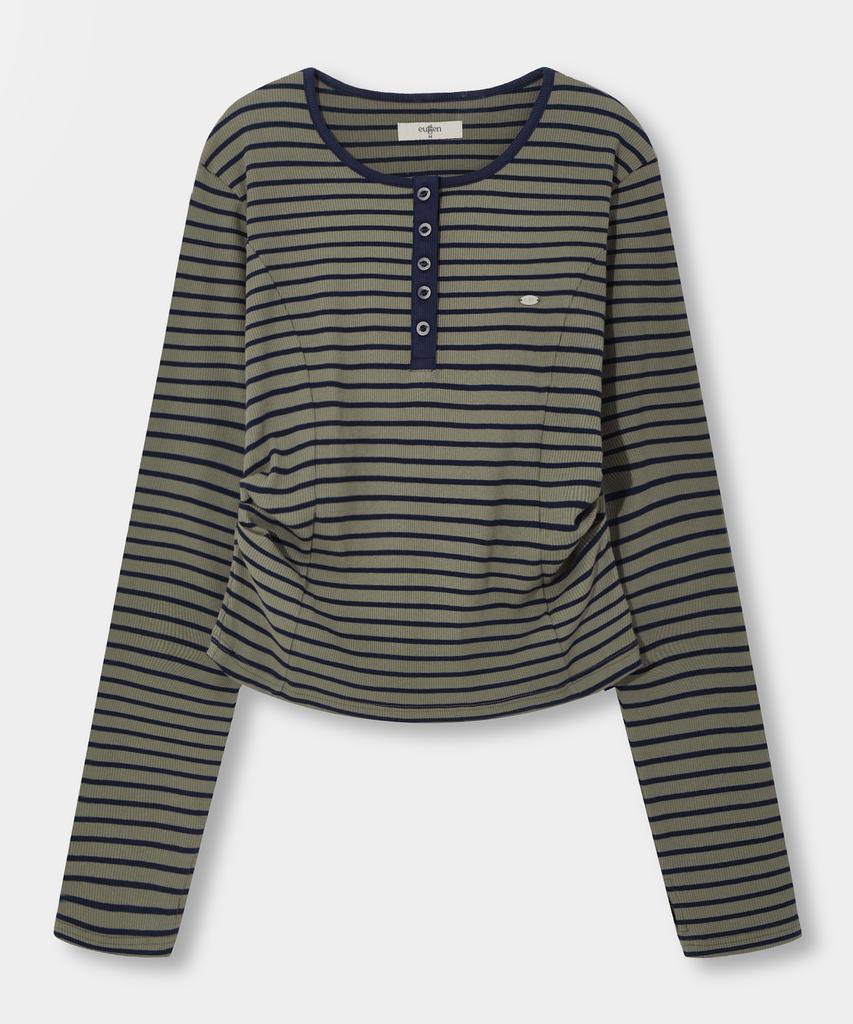 Yujen Henley Neck Shirred Long Sleeve T-Shirt_Stripe Khaki & Navy