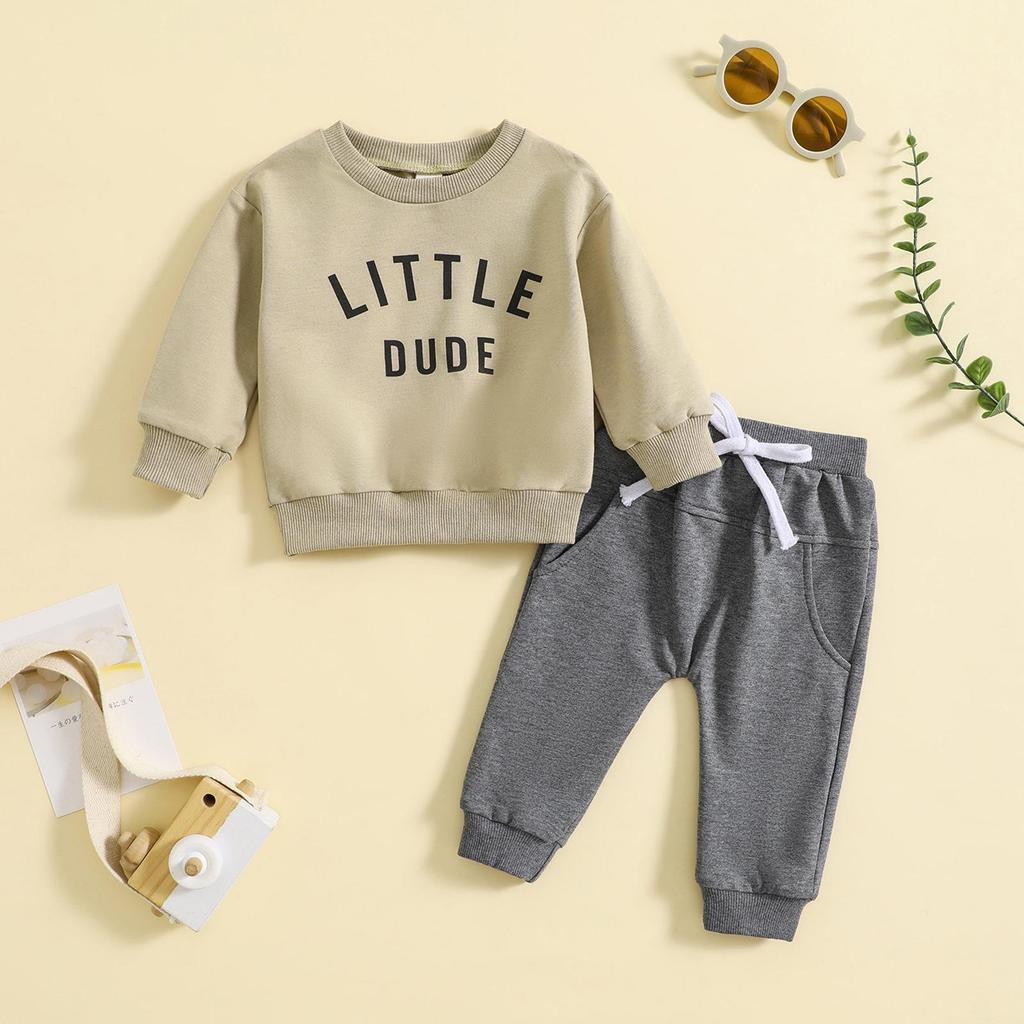 Toddler Letter Print Round Neck Top & Solid Color Long Pants Two-Piece Set, Multi-Color.