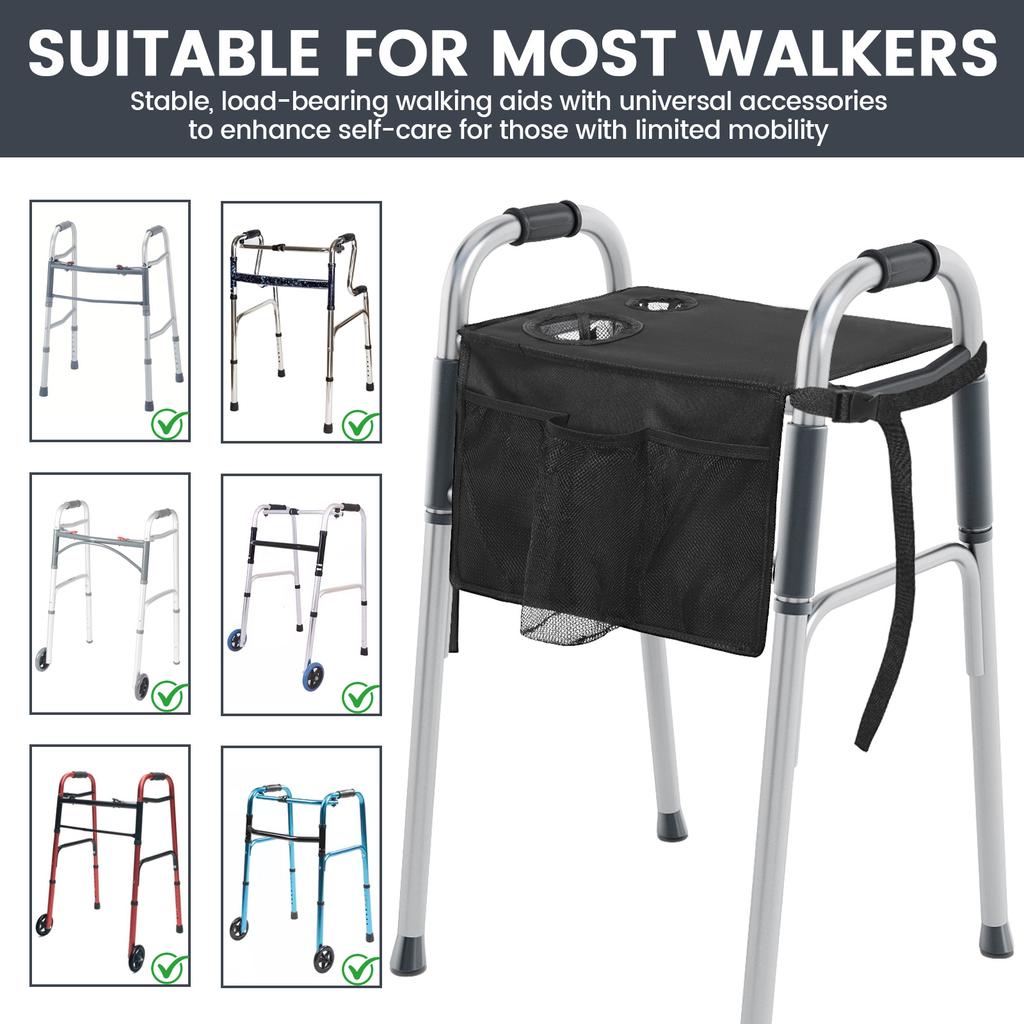 Folding Walker Tray Multi Pocket Rollator Storage Bag with Cup Holder and Nonslip Mat Practical Walker Accessories for Elderly