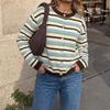 New Autumn-winter Style Soft and Sweet Round-neck Buttoned Striped Contrast Color Cardigan Sweater