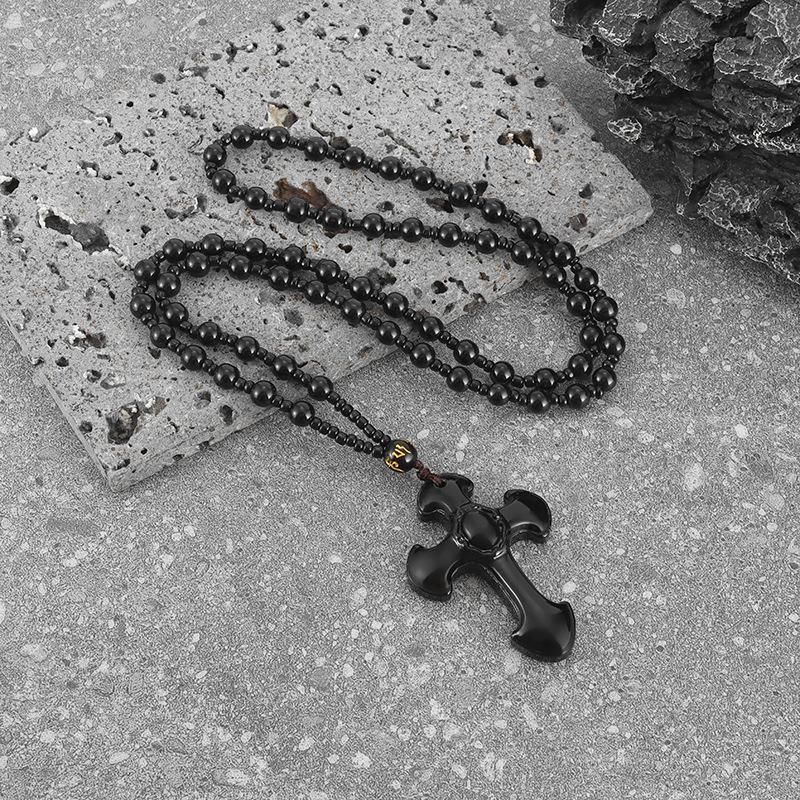 Obsidian Crystal Cross Style Retro Fashion Light Luxury Jewelry Pendant Necklace 60CM(Necklace Long)