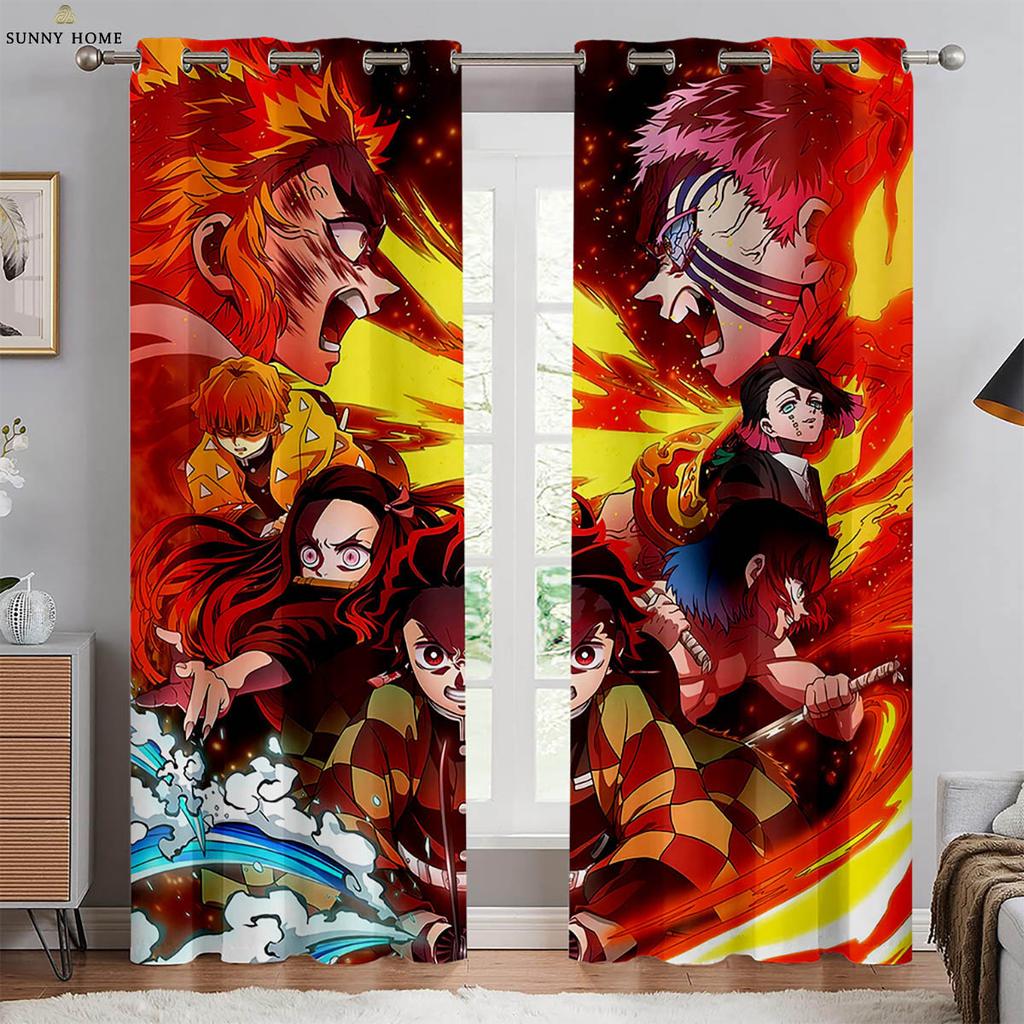 Hot-Blooded Anime Cartoon Style Print Print Window Curtains Black Silk Light Blocking Window Curtains Bedroom Space Living Space Study Kitchen