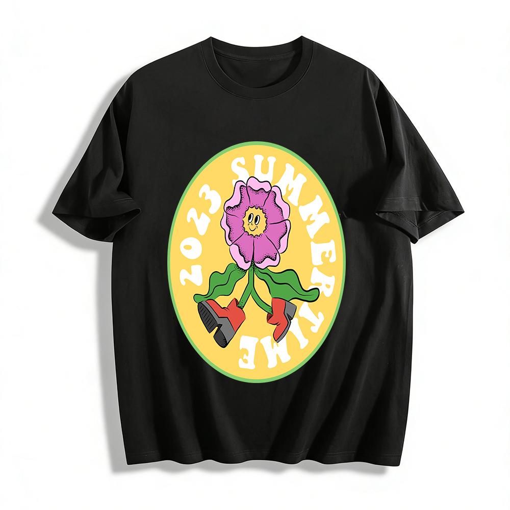 2023 Summer Time Cute Anthropomorphic Flower Print T-shirt Casual Vacation Style Loose Crew Neck Top Pure cotton T-shirt XXS