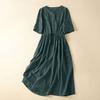 Women Cotton Linen Dress Short Sleeve V Neck Buttons Tie Waist Midi Dress Summer Casual Boho A-Line Flowy Dress