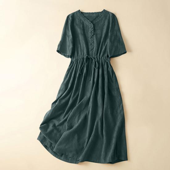 Women Cotton Linen Dress Short Sleeve V Neck Buttons Tie Waist Midi Dress Summer Casual Boho A-Line Flowy Dress