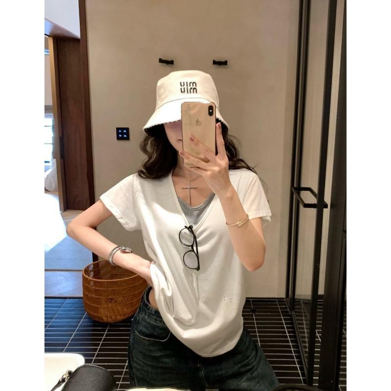 Stack Two Fake Contrasting Color Short-sleeved T-shirts for Women New Slimming and Flesh-covering Casual Lazy Half-sleeved Tops