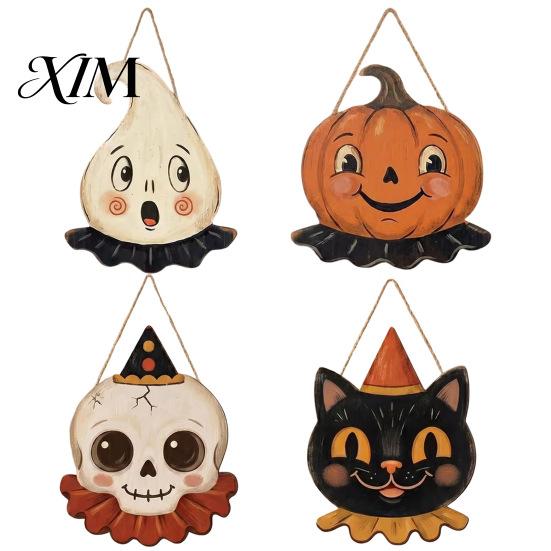 Retro Holiday Yard Accents Halloween Wooden Hanging Pendant with Lanyard, Ghost/Pumpkin/Skull/Black Cat Black Wall Art Decorations for Front