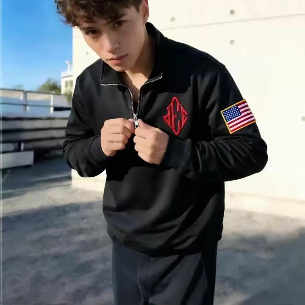 Unisex Y2K Granatowa Bluza Rozpinana pod Szyję z Zamkiem USA Haftowana Naszywka z Flagą Amerykańską Kurtka Męska Damska Vintage Streetwear Moda