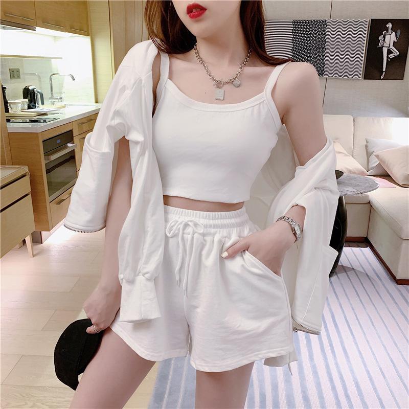 Danmo Summer Fashion Women Tracksuit Clothes 3 Piece Set Woman Sports Suits Zipper Jacket+Short Camisole+High Waist Drawstring Shorts Outfit
