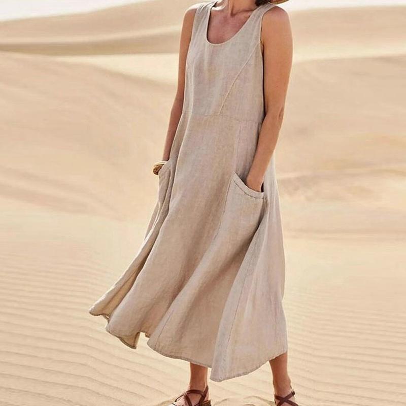 Summer European Style Sleeveless Round Neck Women Clothing Cotton Maxi Dress