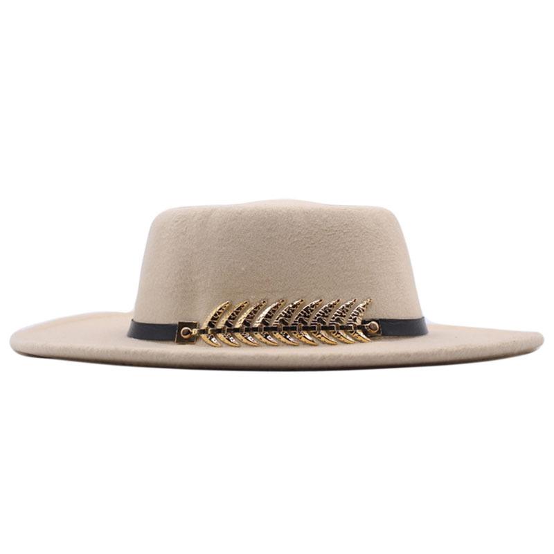 Autumn and winter new women's flat top wide brimmed hat imitation wool top hat felt hat fishbone metal buckle concave shape multi-color
