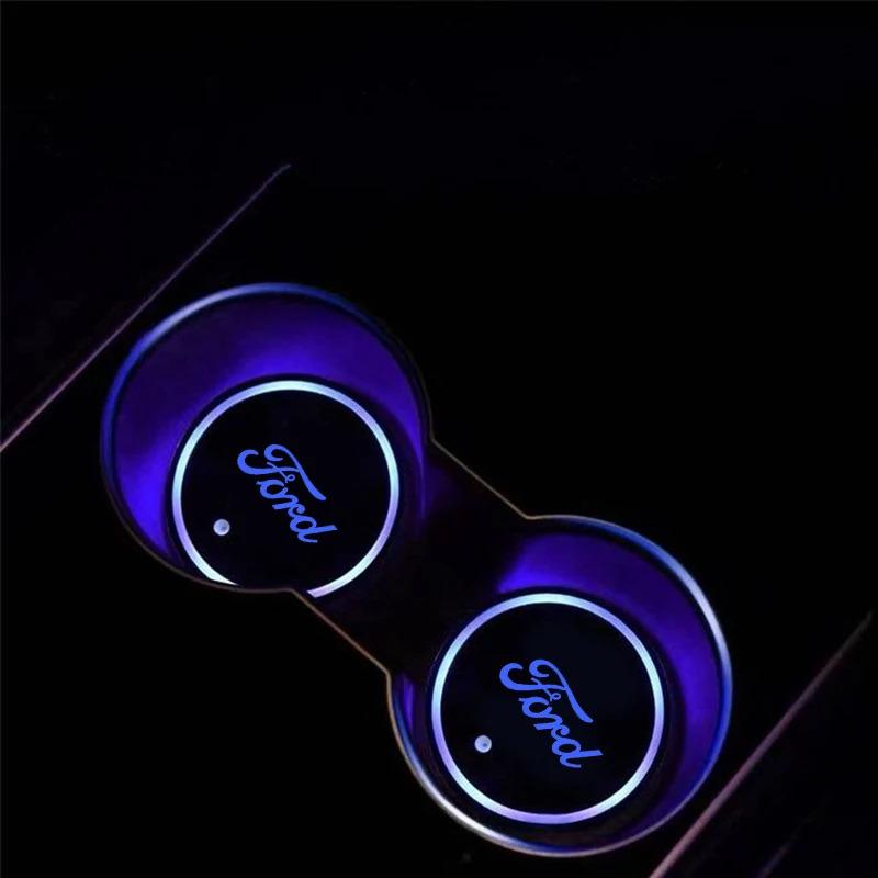 Car Sticker 7 Color LED Car Cup Holder Light Luminous Coaster Water Cup Pad For Ford Mondeo Focus Raptor Edge Explorer Ranger Fi