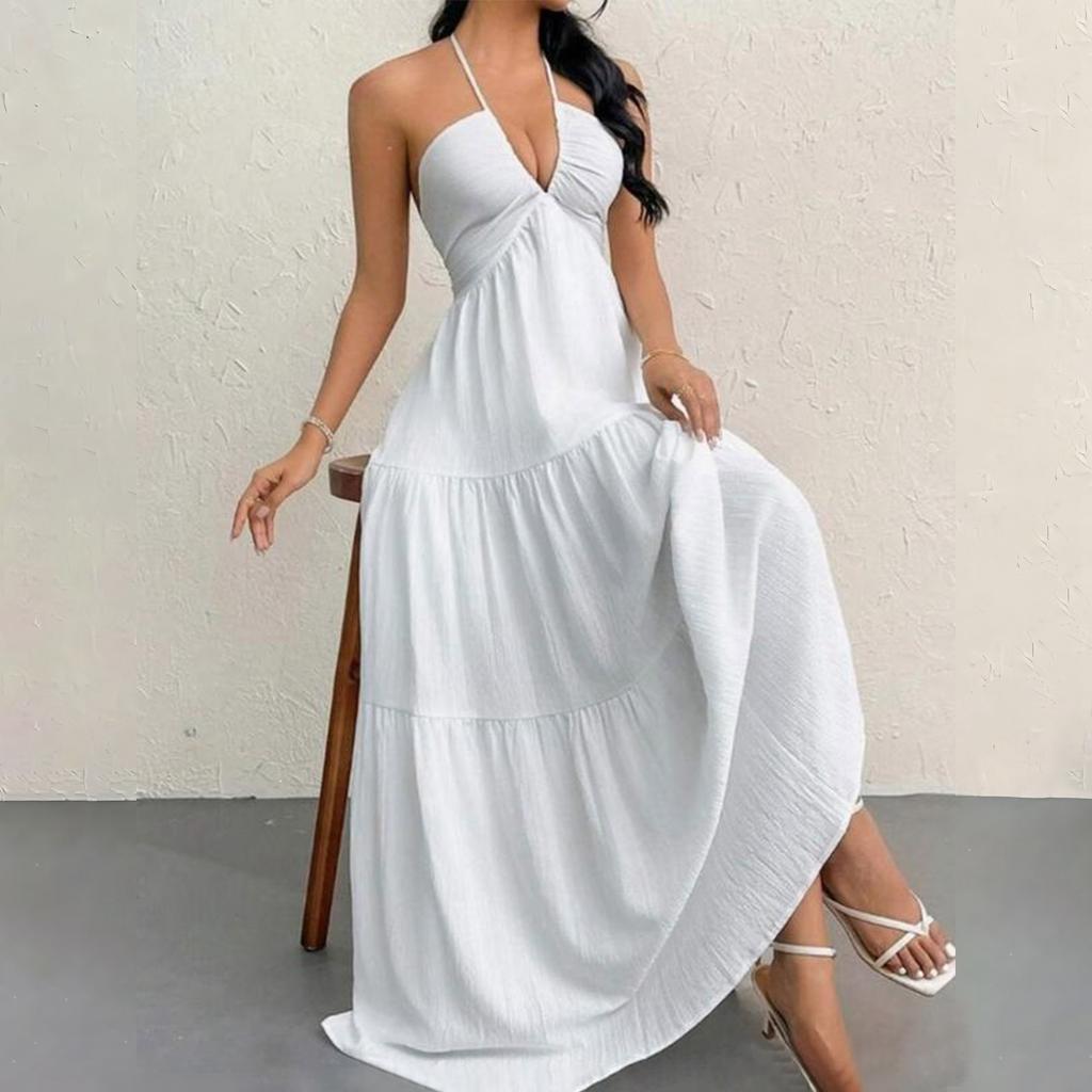 Maxi Abito da Donna Senza Maniche con Scollo all'Americana Schiena Scoperta con Lacci Estivo da Spiaggia Casual Lungo per Vacanze e Tempo Libero