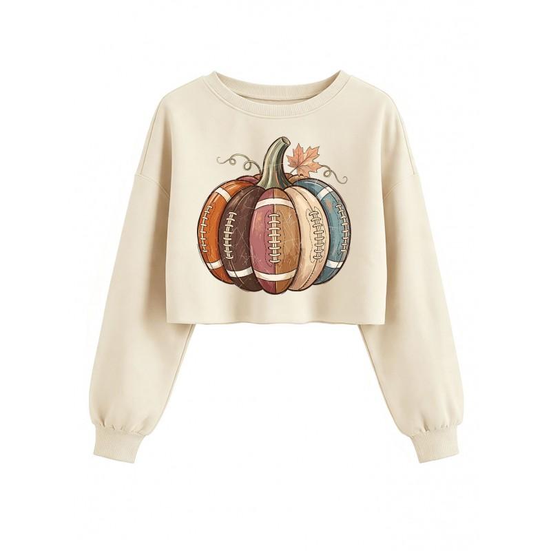 Womens Cropped Sweatshirt Rugby Pumpkin Maple Print Casual Loose Fit Long Sleeve
