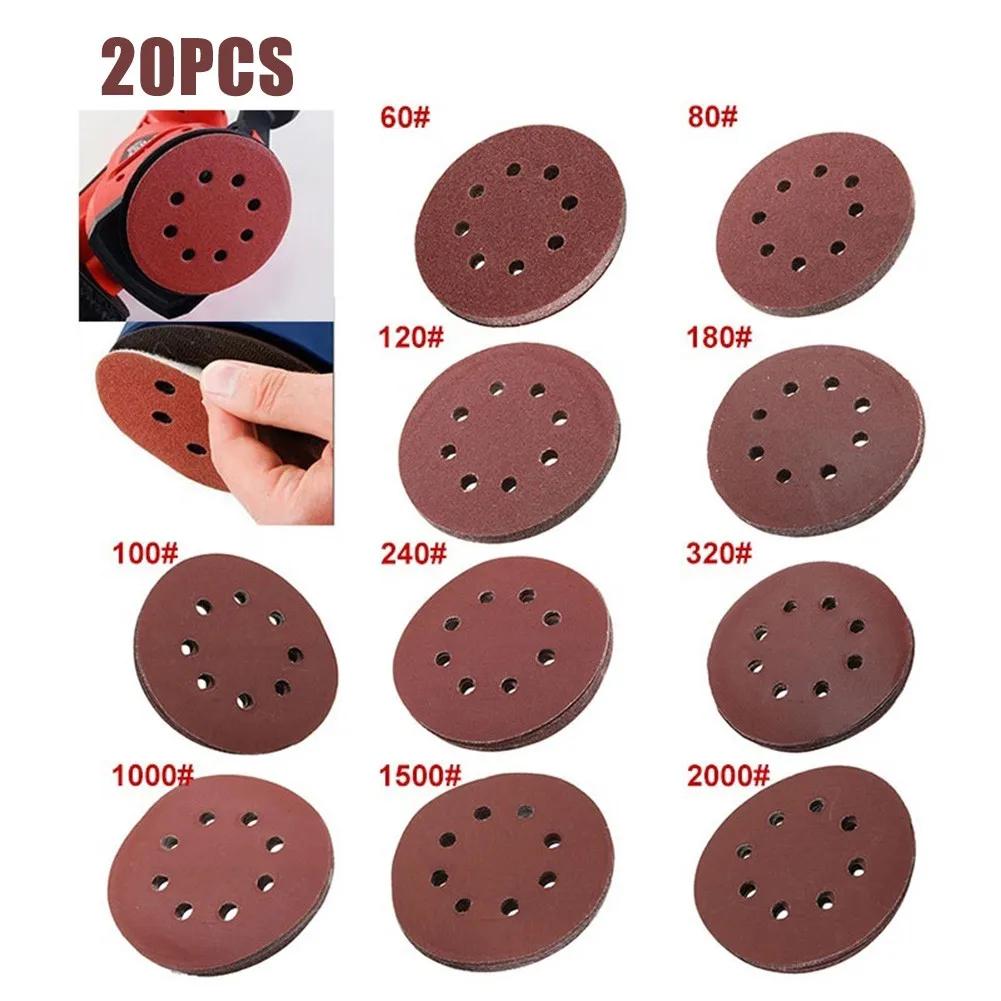 20pcs 5 Inch 125mm Round Sandpaper 8 Hole 60-2000 Grit Sanding Disc Pad Hook & Loop Grit For Drill Grinder Rotary Tools