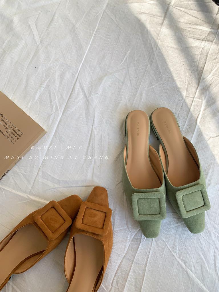 2025 Womens Summer Sandals Lady Mules Basic Style Shoes Natual Suede French Style Buckle Slippers Women Pump Pointed Slingback