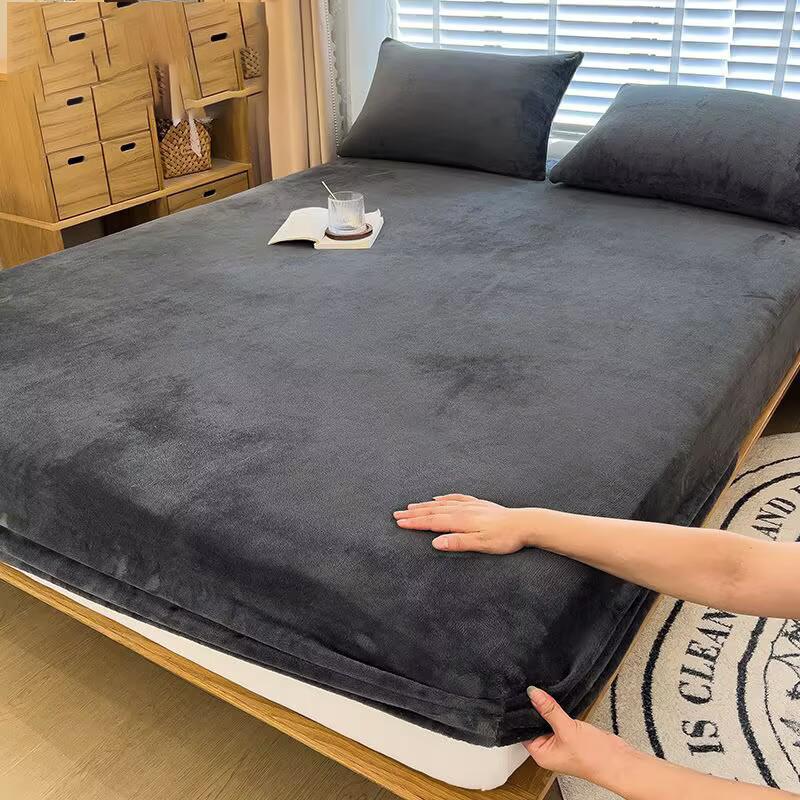 Soft Warm Plush Fitted Sheet Elastic Mattress Cover Fluffy Coral Fleece Bed Linen Winter Couple Luxury Double Bed Bedding