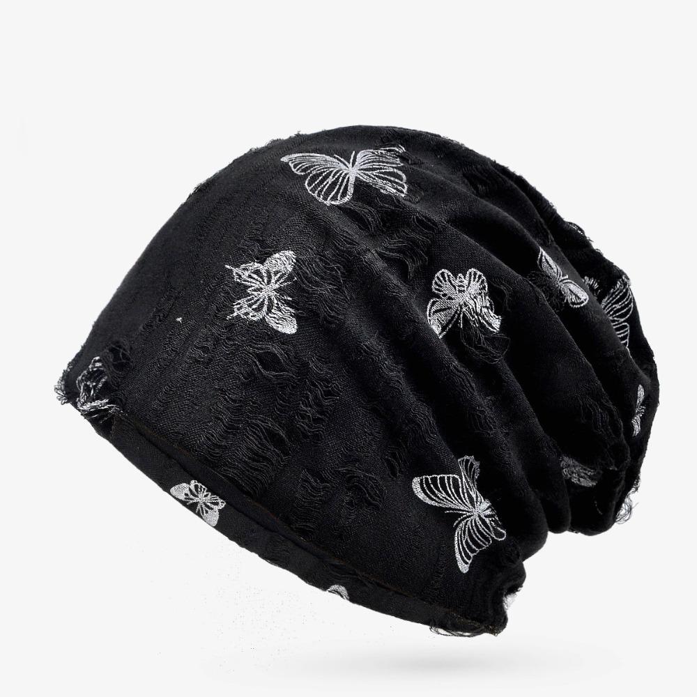 Holes Hair Caps Thin Knitted Hat Fashion Butterfly Print Beanies  Streetwear