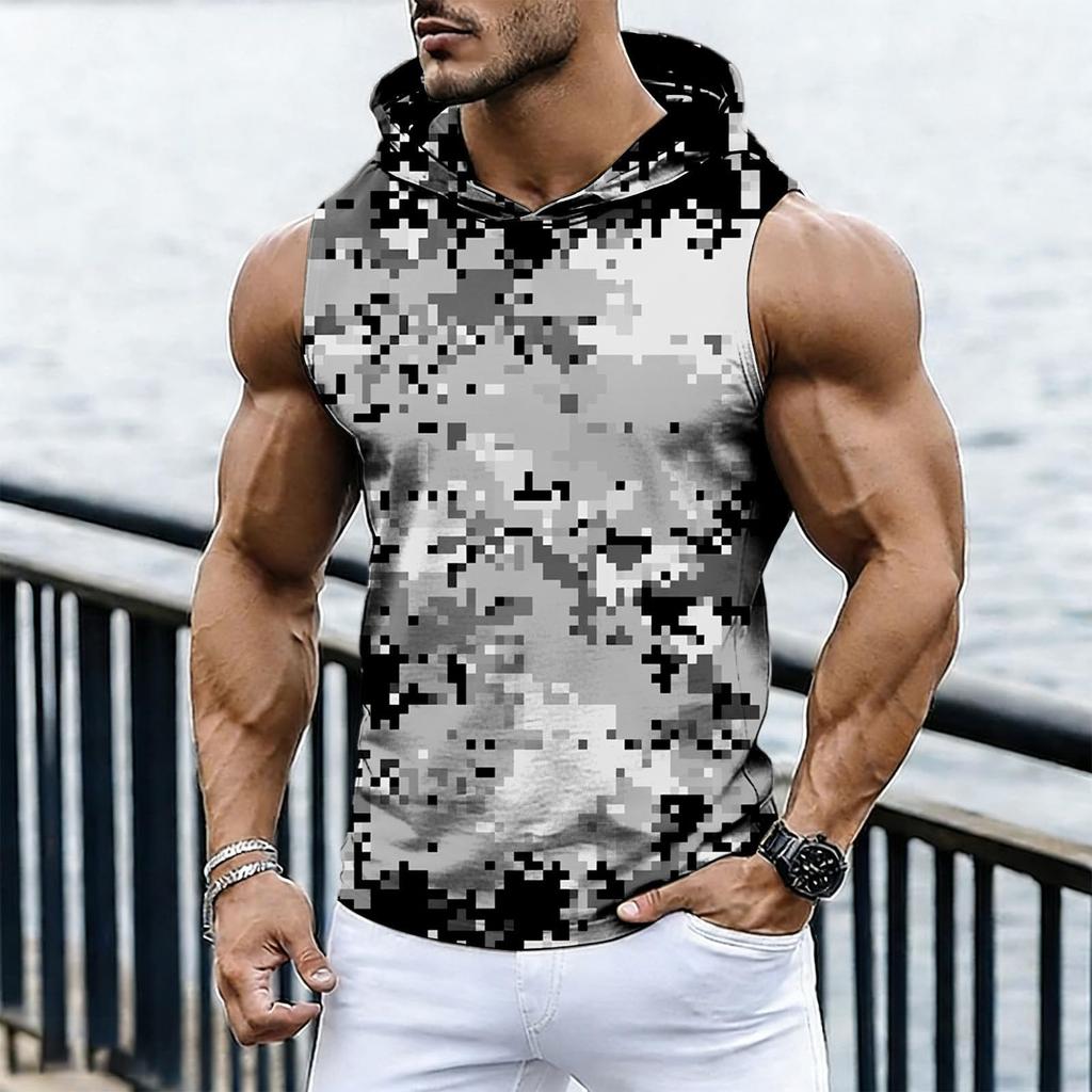 Men's Casual Fashion Printed Sleeveless Hooded Tops | Lightweight Summer Hooded Tank Tops