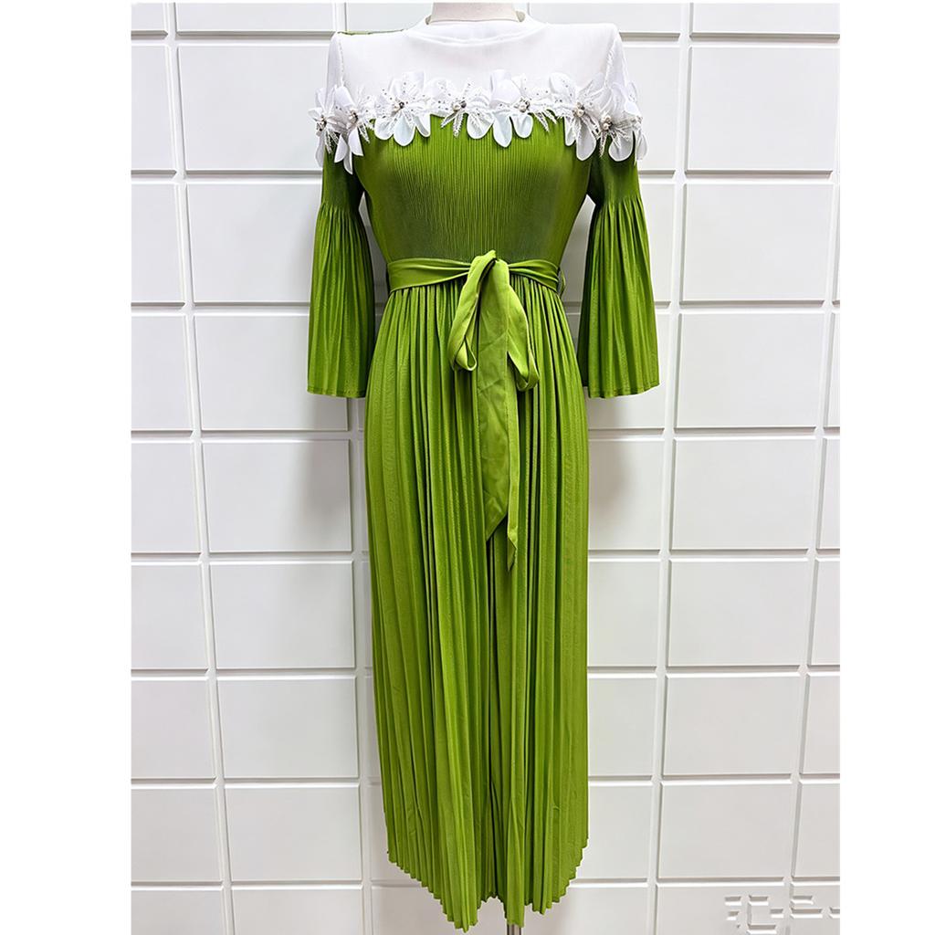Miyake Pleated Lace-Panel Midi Dress Summer for Women 3/4 Sleeve Casual 3D Flower Appliques Print Vacation Midi Sundresss