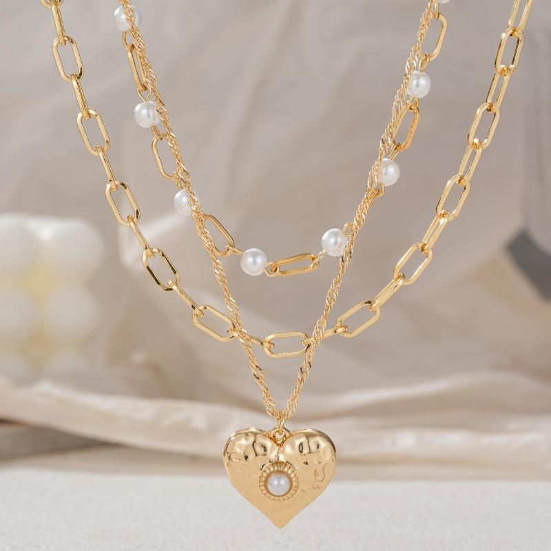 3pcs  Necklaces Elegant Women'S Love Pendant Imitation Pearl Beaded Multi-Layer Chain Party Banquet Jewelry