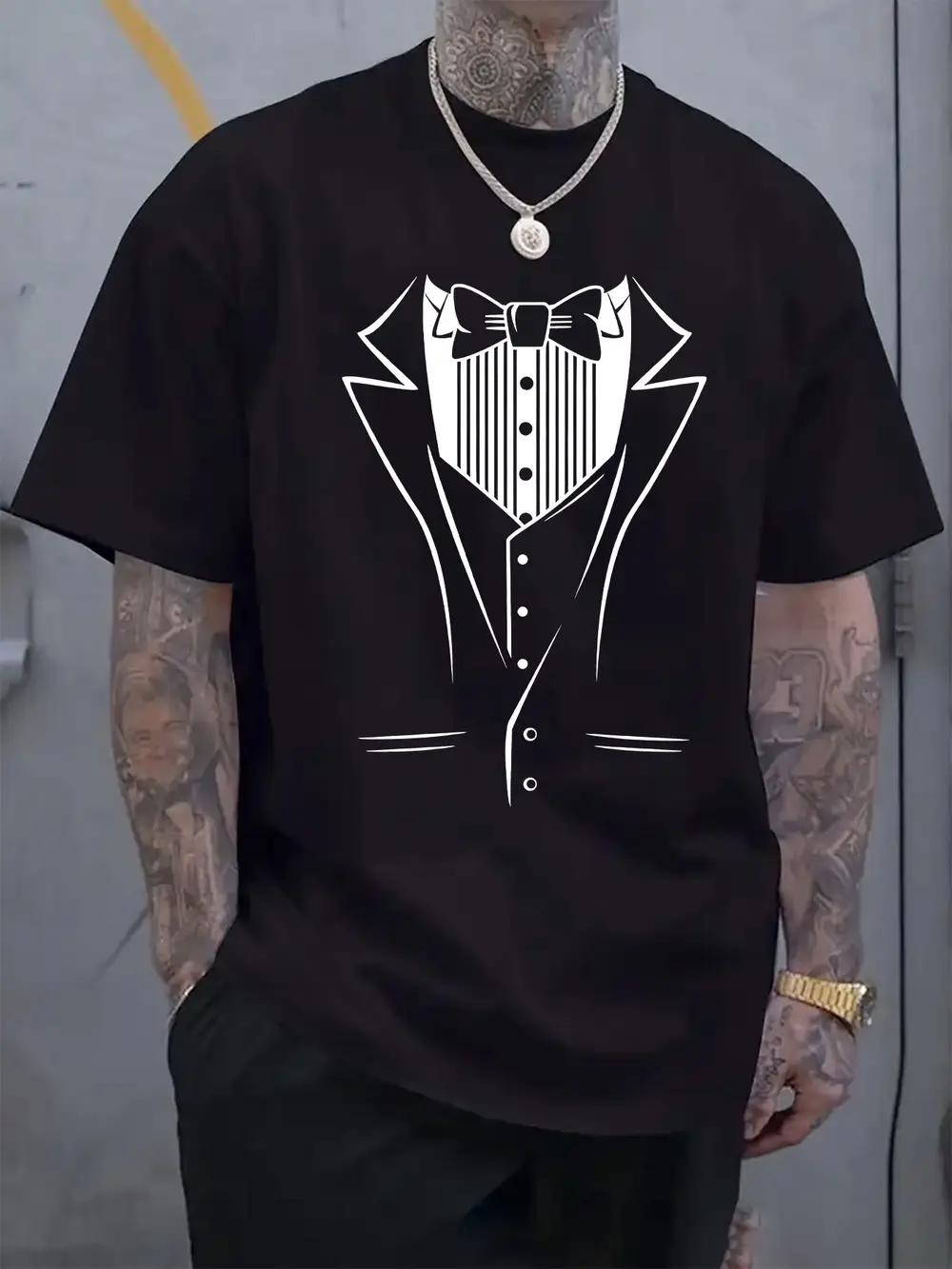 

Graphic Print Tuxedo Design Short Sleeve T-shirt – White Crew Neck Casual Summer Tee with Stylish Black Vest & Bow Tie Illustration M