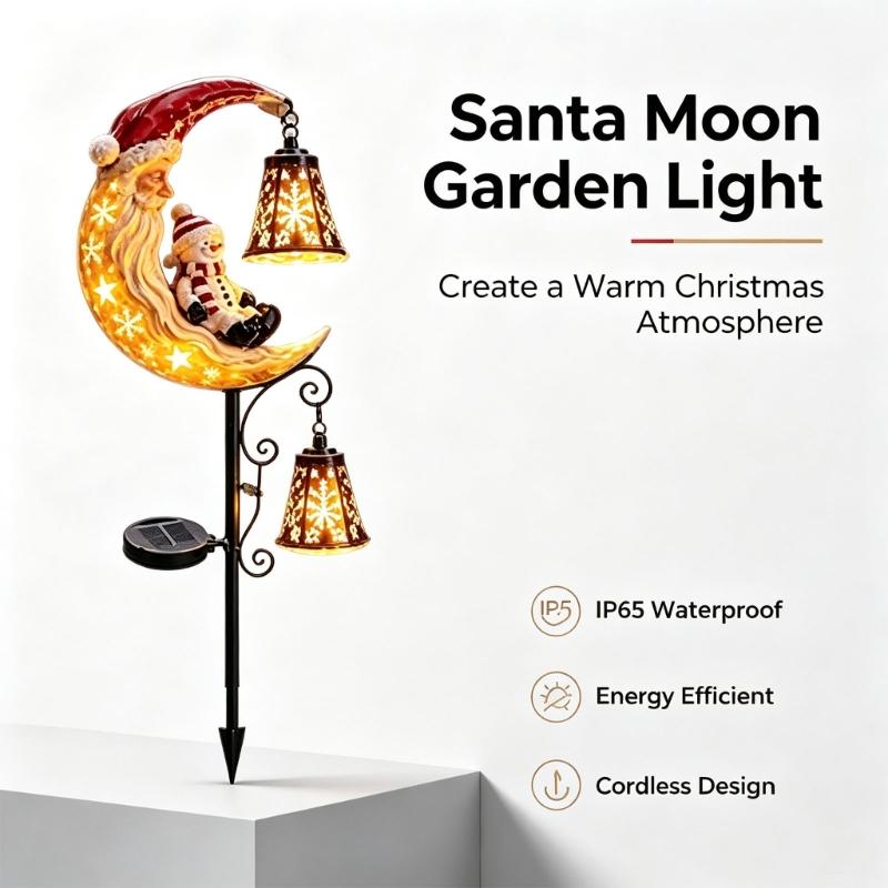 Moon Holiday Figure Garden Stake Light for Christmas Yard Styling, Solar Outdoor Accent with Warm Light for Lawn Spots and Entry Views