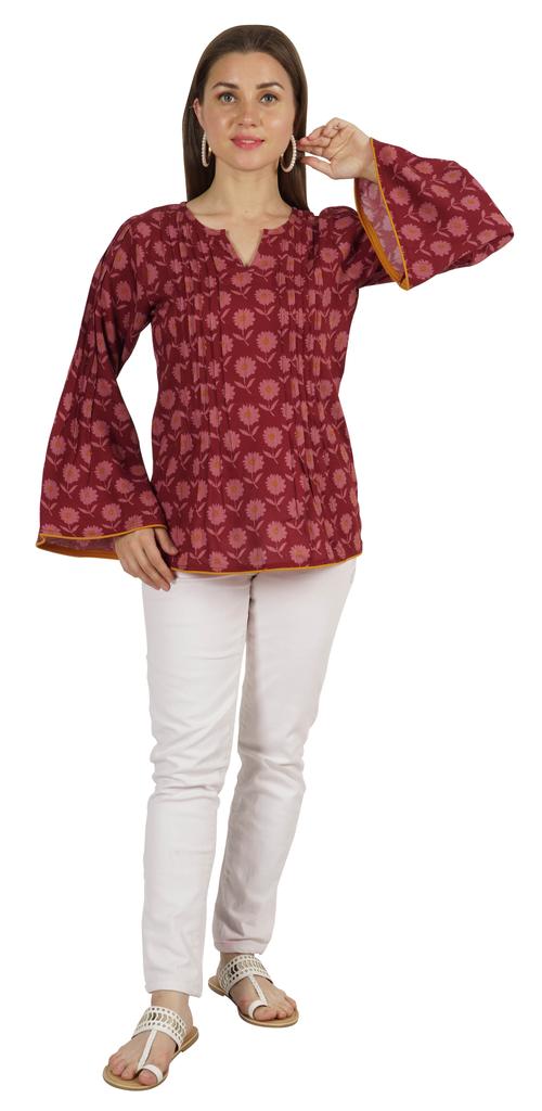 Moomaya Printed Top Full Sleeve Pleated Rayon Kurta Short Tunic Summer Blouse For