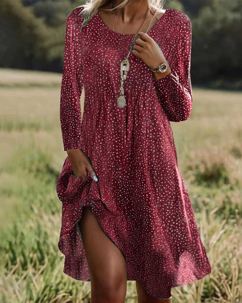 2025 Autumn New Cross-border Polka Dot Long-sleeved Crew Neck Dress Burgundy Blue Green European and American Temperament Elegant