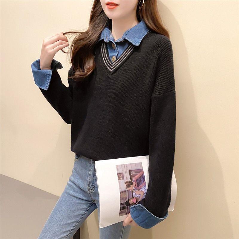 Fashion Women's Denim Patchwork Shirt Collar Sweater Autumn Winter Knit Loose Pullover Fake Two-Piece Top