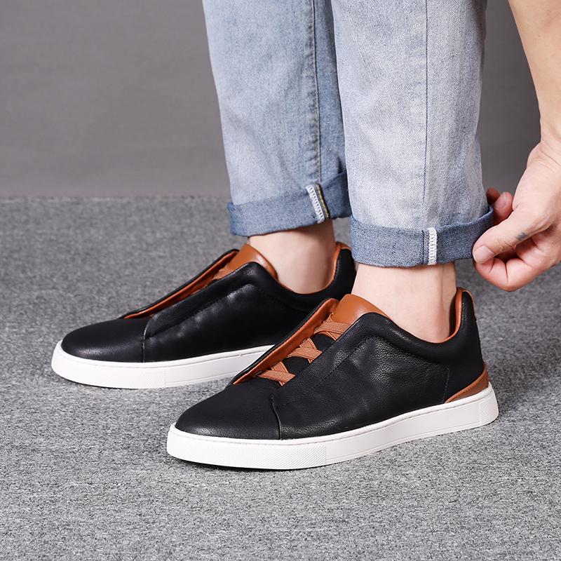 Fashion High Quality Genuine Leather Men's Slip-On Casual White Sneakers Flat Lazy Board Shoes Soft Sole Comfortable Everyday Wear