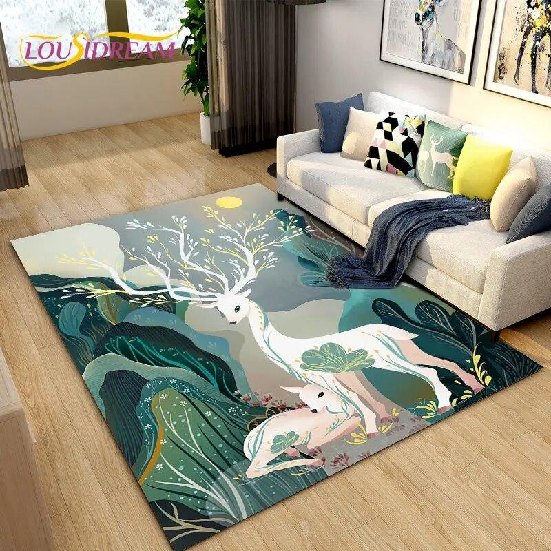 3D Cartoon Nordic Elk Reindeer Area Rug,Carpet Rug for Living Room Bedroom Sofa Doormat Decoration,Child Play Non-slip Floor Mat
