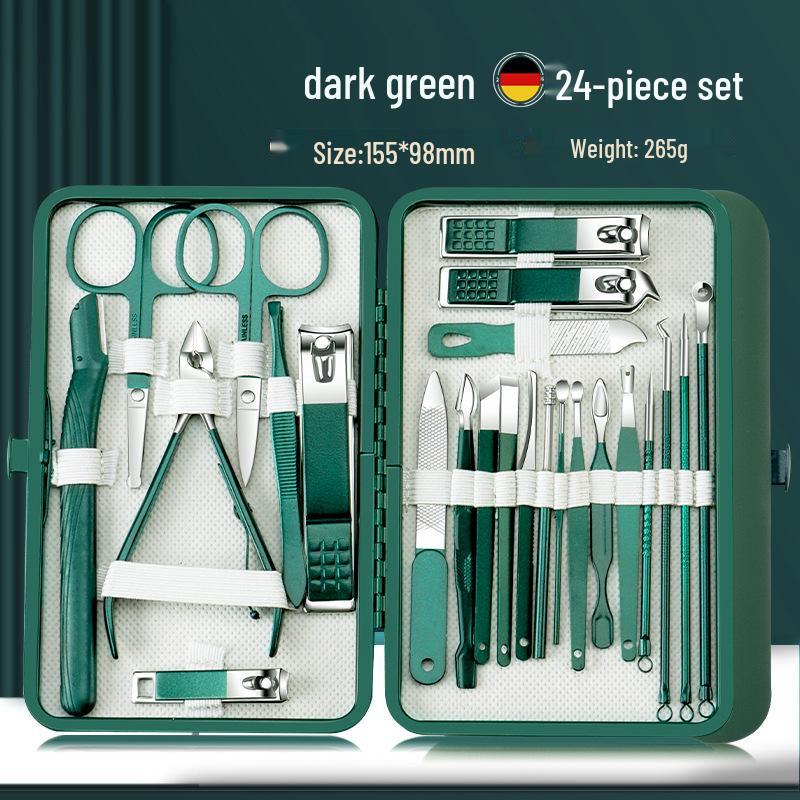 26-Piece Dark Green Stainless Steel Manicure Set: Nail Clippers, Scissors, Dead Skin Clippers, and Tools.