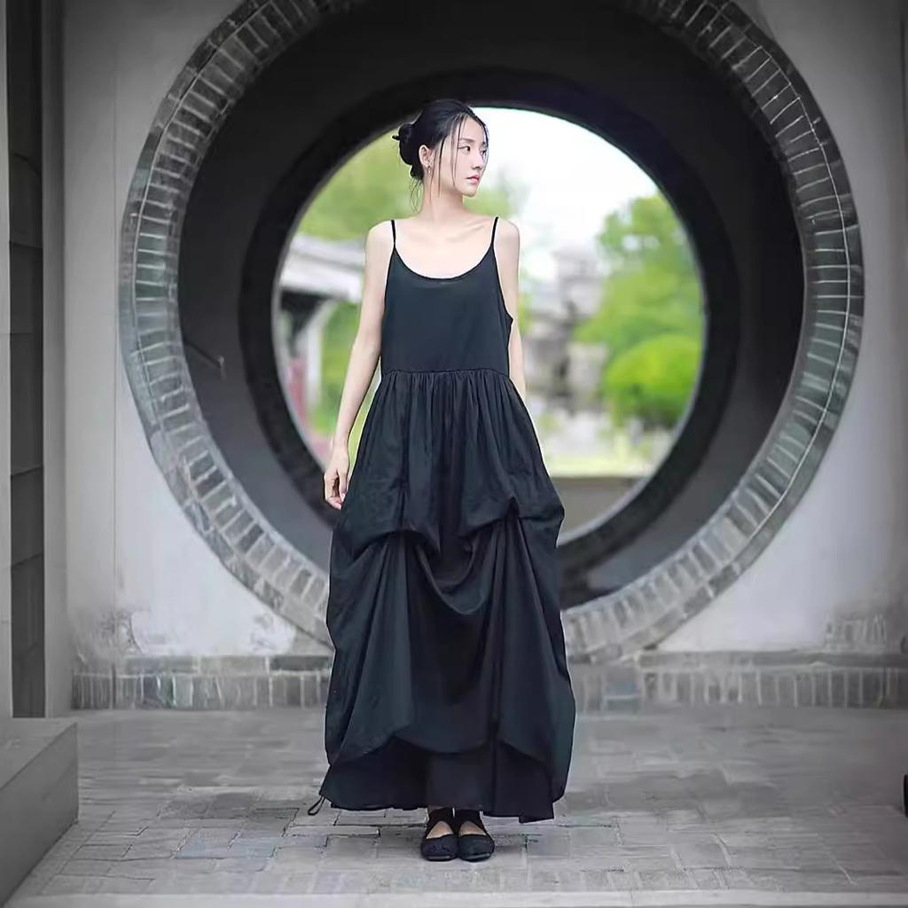 Homemade dark and cool wind suspender skirt cotton drawstring adjustable design dress color thin suspender skirt