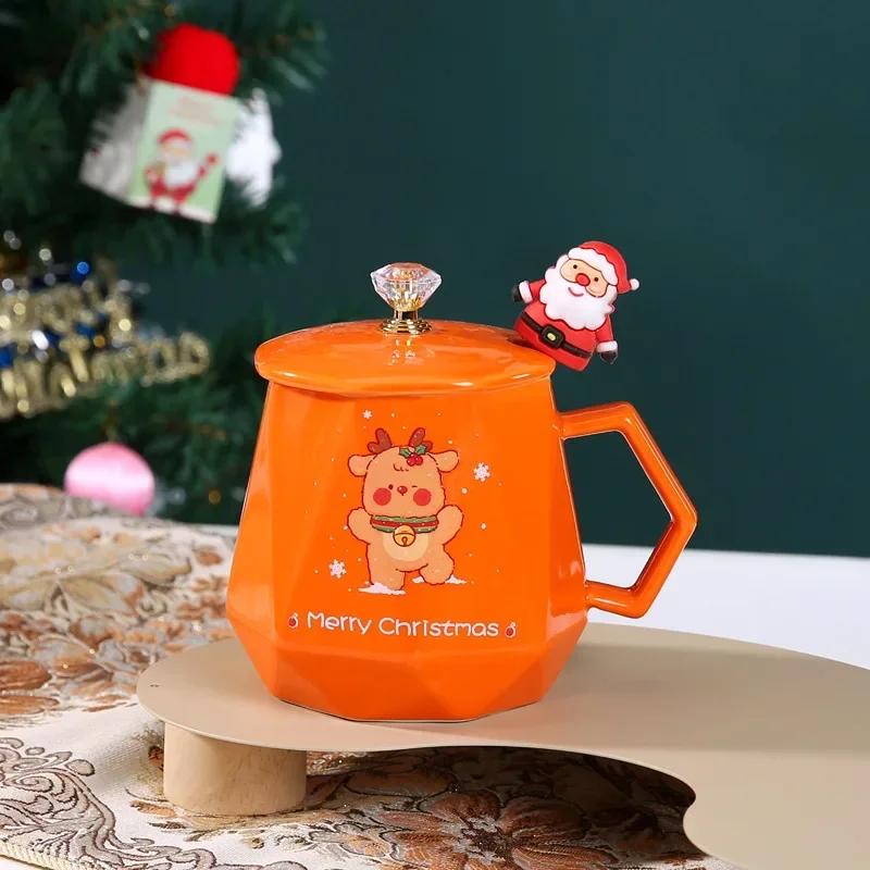 

Christmas Ceramic Mugs Santa Claus Elk Water Cup with Lid and Spoon Coffee Mug Milk Tea Cups Creative Christmas Decorative Gift 400ml оранжевый