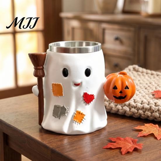 Gifts for Halloween Lovers 300ml Ghost Mug, Resin Insulated Coffee Cup, Cute Drink Funny Couple Cups Cup with Pumpkin And Broomstick, Drinkware Adults