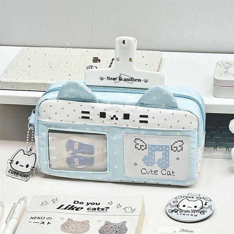 Pencil Case Adorable Cat Ear Design Large Capacity Pixel Music Themed Portable Stationery Organizer for Kids Daily Use